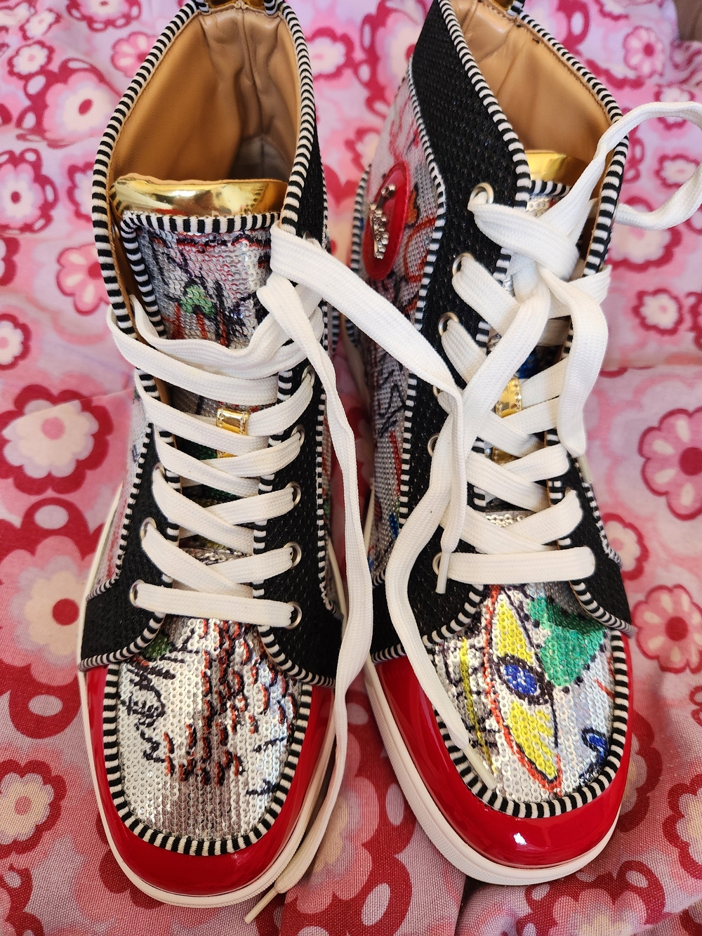 Christian Louboutin Multicolor Sequined Lace-Up High Tops with Red Patent Trim